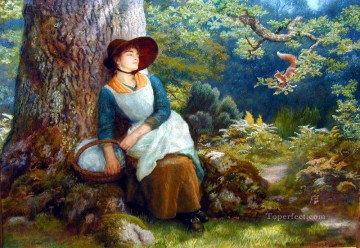 Arthur Hughes Painting - Asleep in the Woods Pre Raphaelite Arthur Hughes